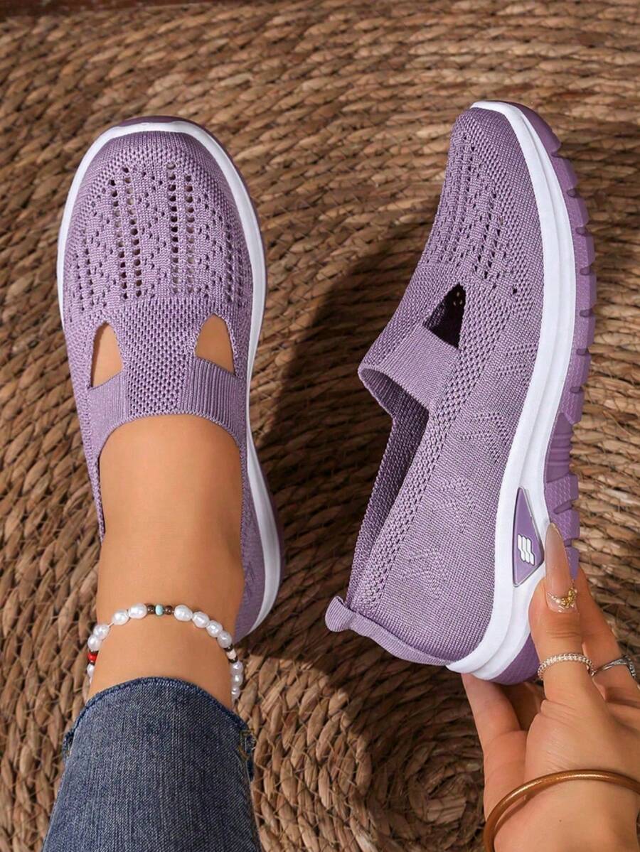 Ladies' Breathable Knitted Slip - On Sports Shoes With Stable Support - Soft EVA Sole, All - Season Casual Shoes. White With Black And Red Accents And - 814 Purple - View 1
