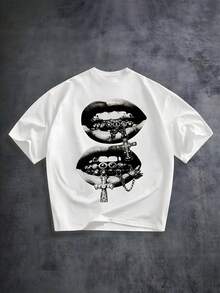 Men's Gothic Jewel Lips & Cross Pendant Short Sleeve T-Shirt, Black And White Grillz Graphic Tee, Casual Crew Neck Loose-Fit Daily Wear, Breathable - White - View 1