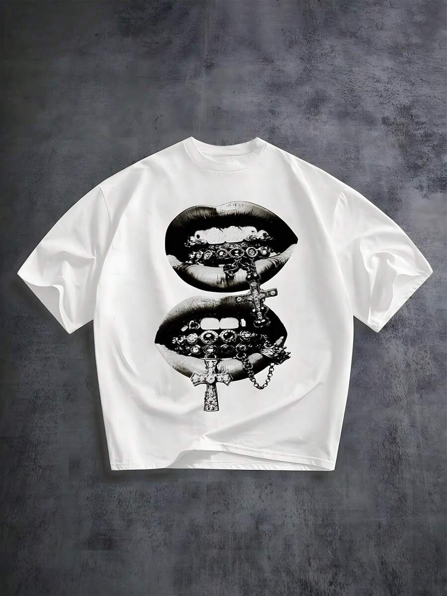 Men's Gothic Jewel Lips & Cross Pendant Short Sleeve T-Shirt, Black And White Grillz Graphic Tee, Casual Crew Neck Loose-Fit Daily Wear, Breathable - White - View 1
