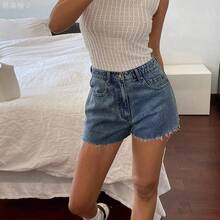 xuehuamaoyi02  Shorts vaqueros cortos con flecos para mujer, de moda para el verano - Gris Claro - Ver 5