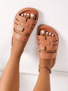 Spring/Summer Women's Solid Color Minimalist Versatile Breathable Open Toe Lightweight Soft Outdoor Home Beach Pool Slide Sandals - Brown - View 3