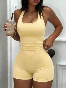 Allurini Women's Halter Neck Backless Yoga 2 Pieces Set Top, Tummy Control Fitness Workout Outfit Yellow Elegant Summer - Yellow - View 4