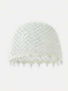 1pc Women's Cute Casual Style Fashion Hollow Breathable Handmade Woven Rhombus Pearl Decor Knitted Bucket Hat For Travel, Beach, Vacation, Photos, Daily Wear - Pearl - View 10