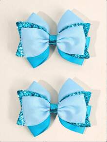 2pcs Girls Blue Bow Hair Clips Shiny Sequin Hair Clips Crocodile Clips Fashion Hair Accessories For Daily Wear - Multicolor - View 3
