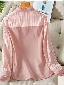 Blusas de poliéster de unicolor con botones para el hogar, vacaciones, uso diario, noche, citas, primavera y otoño - Rosa Pálido - Ver 2
