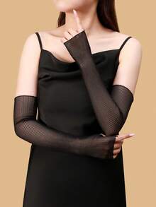 1 Pair Long Fingerless Black See-Through Striped Arm Sleeves, Sheer Striped Long Gloves Sun Protection Arm Covers, Suitable For Women's Wedding, Party And Stage Performance - Black - View 3