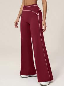 TimeOff Women's 1pc Contrast White Line High Waist Tummy Control Butt Lift Wide Leg Sports Pants - Burgundy - View 8