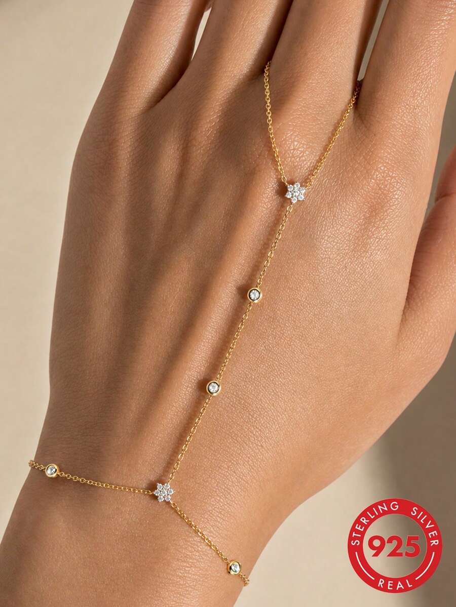 1件 925純銀精緻雪花鏈條戒指手鍊，精美飾品適合婚禮、派對、禮物、旅行及其他場合 - 金色 - 查看 1