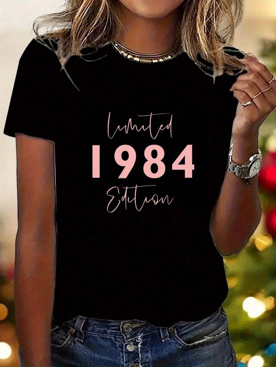 1 Piece Women's Casual Sportswear, Limited Edition Vintage 1984, Short Sleeve, Birthday Gift For Mother's Day - Unisex Loose Cotton T-Shirt - 黑色 - 查看 1