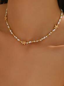 1 pieza Collar con colgante de estrella de mar metálica con cuentas, diseño de gema rosa, adecuado para uso diario y de viaje - Multicolor - Ver 18