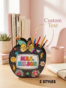 1pc Personalized Apple Shaped Pen Holder, Customizable Name, Cute Desktop Storage Pen Cup With Decorative Bow Design, Suitable For Teachers, Students, School Supplies Storage, Teacher Appreciation Gift - Multicolor - View 2