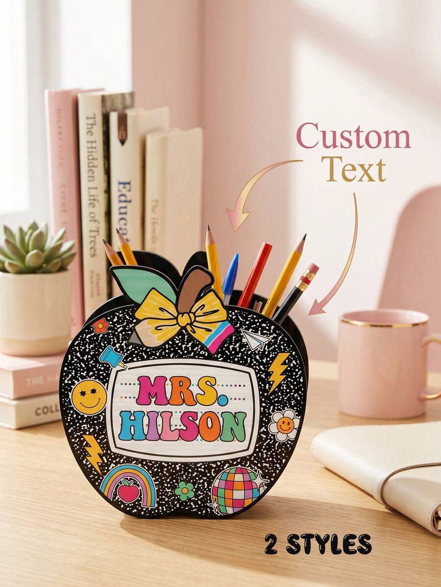 1pc Personalized Apple Shaped Pen Holder, Customizable Name, Cute Desktop Storage Pen Cup With Decorative Bow Design, Suitable For Teachers, Students, School Supplies Storage, Teacher Appreciation Gift