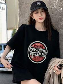 Made In Japan, Spring/Summer Cotton, Round Neck, Loose Fit, Versatile, Simple, English Print Short-Sleeve T-Shirt - Black - View 3