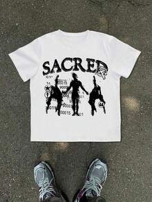 1-pack 180 g 100 % bomull Herr Sommarkollektion med grafiska t-shirts: Ny herr-t-shirt, svart, rund halsringning och korta ärmar, prydd med ordet "SACRED" tryckt på framsidan, utsmyckad - Vitt - Visa 1