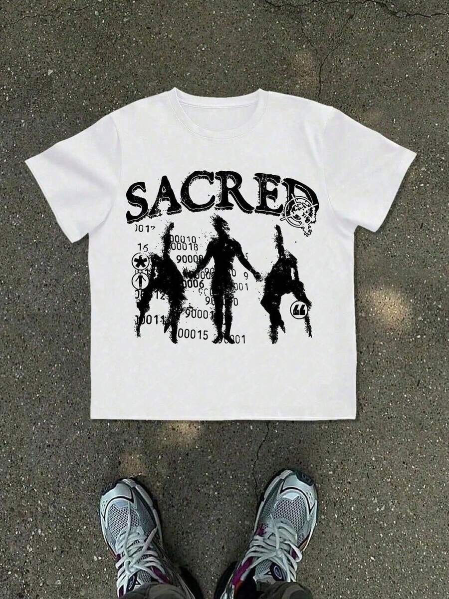1-pack 180 g 100 % bomull Herr Sommarkollektion med grafiska t-shirts: Ny herr-t-shirt, svart, rund halsringning och korta ärmar, prydd med ordet "SACRED" tryckt på framsidan, utsmyckad - Vitt - Visa 1