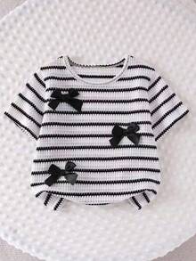 Girls' Retro Striped Set, 3D Bow Tie Short Sleeve Top + Flared Pants 2-Piece Outfit, Suitable For Daily, School, Birthday Party, Korean Style Ins, Etc. (Neckline Drawstring Random Color) - Multicolor - View 4