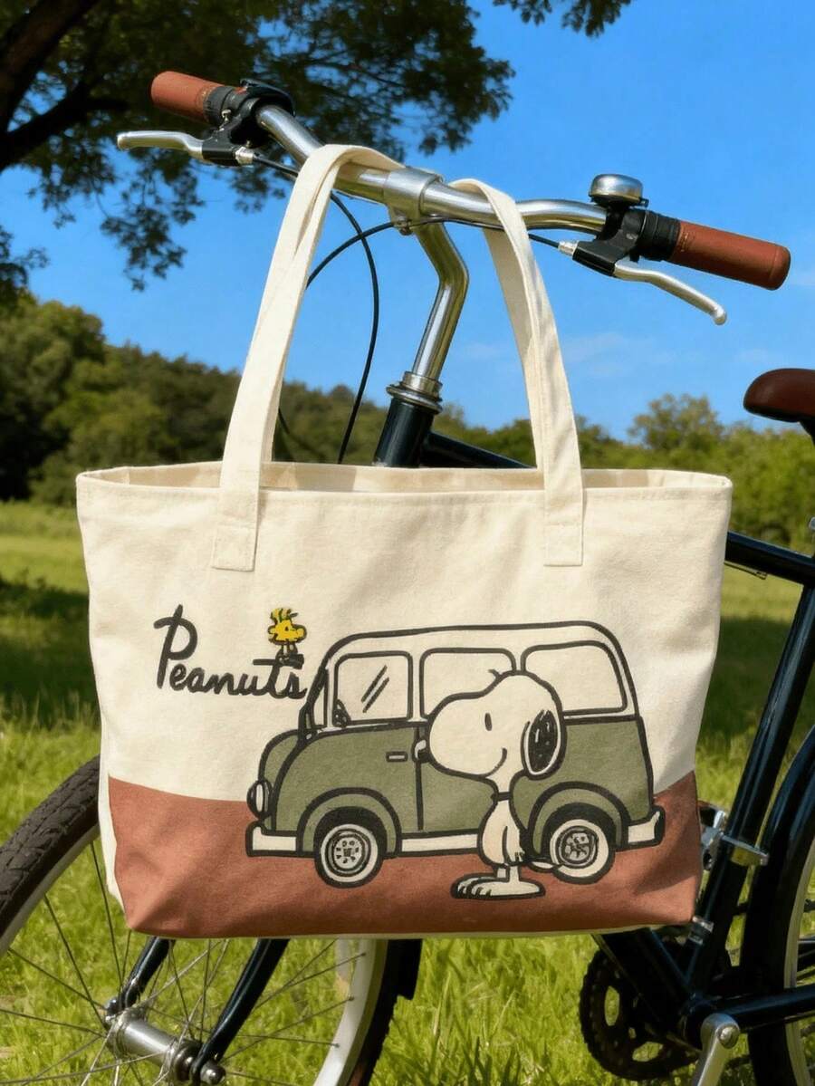 SNOOPY 1pc Striped Canvas Tote Bag Set, Large Capacity Multifunctional Shoulder Bag, Suitable For Commuting, Casual And Travel, Cute Daily Bag, Perfect Gift For Back To School, Birthday, Valentine's Day And Mother's Day - A - View 1