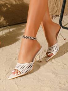 Pointed Toe Hollow Woven High Heel Half-Sling Sandals - Beige - View 4