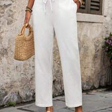 MewMuse.  Pantalones casuales versátiles de uso diario con cintura con cordón y rayas para mujer - Blanco - Ver 5
