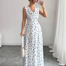 Vestido de verano 2025 con estampado floral, cintura elástica y holgada, elegante, cuello en pico sin mangas - Multicolor - Ver 6