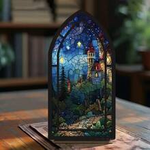 Gothic Stained Glass Fantasy Castle Acrylic Desktop Decor Wooden Starry Sky Bookend House Mori Style Bookshelf Fantasy Enthusiast Gift Decorative Book Room Decor - 1PC - View 6