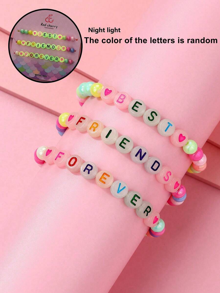 3件套女孩随机颜色夜光亚克力珠手工串珠心形字母“BEST FRIENDS FOREVER”手链套装,适合日常佩戴 - 彩色 - 查看 1
