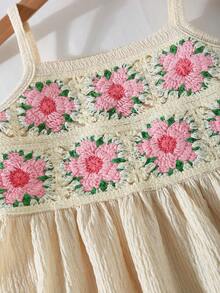Robe débardeur élégante et à la mode pour jeune fille, à bretelles spaghetti, avec garniture de ruban en crochet floral, style vacances d'été - Nude - Voir 5