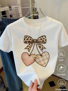 Camiseta estampada con corazón de leopardo y letras LOVE, estilo boho retro aesthetic, manga corta, cuello redondo, verano - Blanco..... - Ver 1