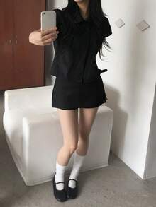4顆鈕扣復古彼得潘領休閒短袖襯衫女上衣 黑色 夏季 - 黑色 - 查看 7