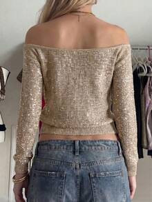 Live To Mo Autumn Y2K Women's Casual Open Shoulder Knit Top, Fashionable Sequin Sweater, Suitable For Back To School And Daily Wear - Khaki - View 5