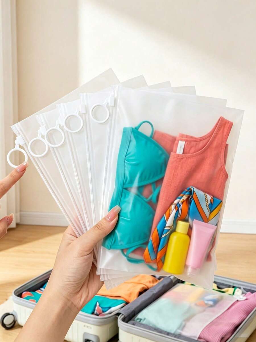 10入磨砂透明拉鍊收納袋附拉片，大容量衣物與化妝品收納袋，旅行必備收納袋，適用於學校用品、浴室用品、廚房收納、居家生活