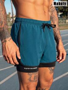 Shorts de running unisex 2 en 1 con forro interior, cintura ajustable con cordón, shorts deportivos para entrenamiento fitness para hombre - lago azul - Ver 6