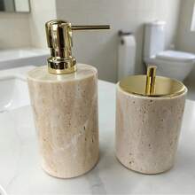 Luxury Marble Bathroom Accessories Set, Soap And Lotion Dispenser Bottles, Reed Diffuser With Tray, Elegant Vanity Storage Box, Home Decor - Beige - View 5