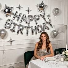 18pcs Silver Happy Birthday Letter Balloon Set, 16 Inch HAPPY BIRTHDAY Letter Balloons, 10 Inch Four-Pointed Star Five-Pointed Star Foil Balloons, Suitable For Birthday Party Scene Props Decoration Set - View 1