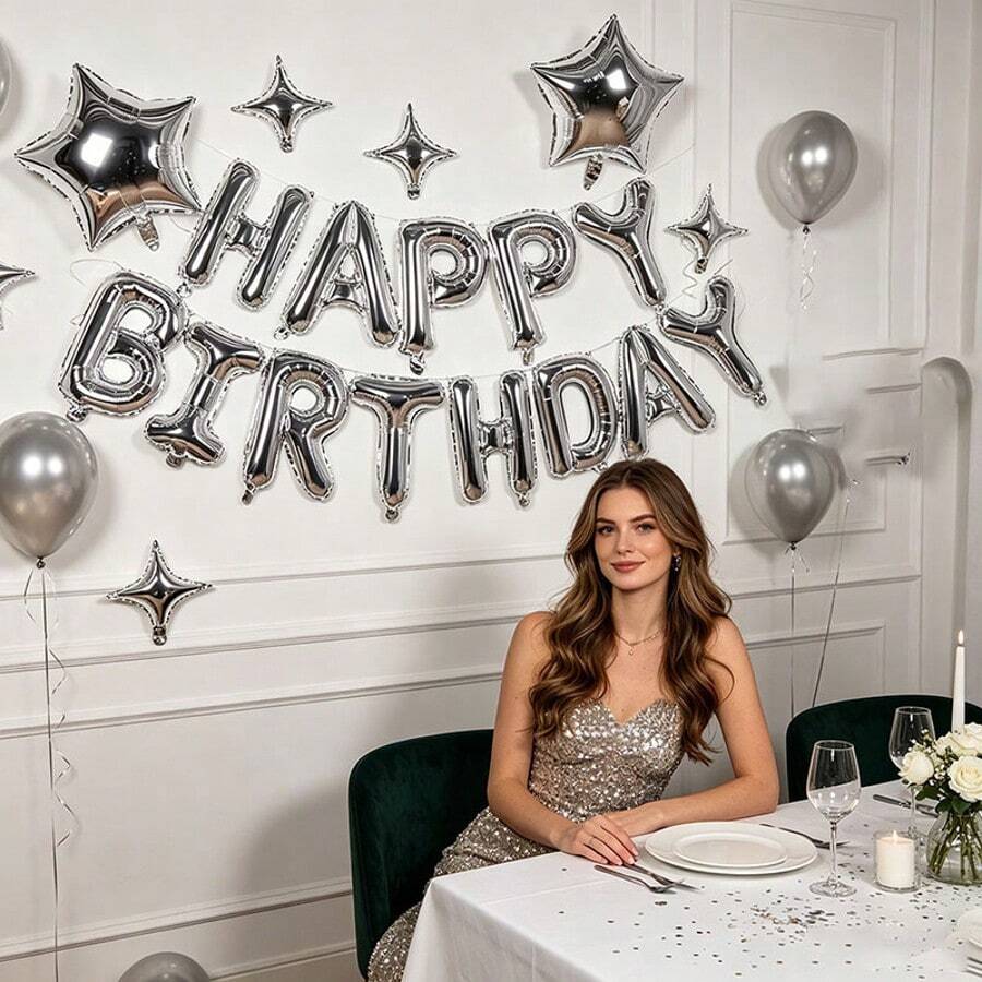 18pcs Silver Happy Birthday Letter Balloon Set, 16 Inch HAPPY BIRTHDAY Letter Balloons, 10 Inch Four-Pointed Star Five-Pointed Star Foil Balloons, Suitable For Birthday Party Scene Props Decoration Set - View 1