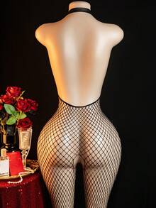 Sexy Solid Color Open-Chest Jumpsuit, Ultra-Elastic Crotchless Bodystocking, Women's Lingerie And Sexy Fishnet Outfit - 黑色 - 查看 5