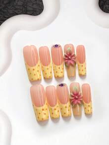 10片甜美風手工穿戴甲，Polygel美甲套組，手工雕花五瓣花，黃色指甲油，清新夏季風，附美甲工具，3種尺寸可選，杏仁/鴨嘴/棺材形，適合派對、跳舞、日常配戴 - 彩色 - 查看 12