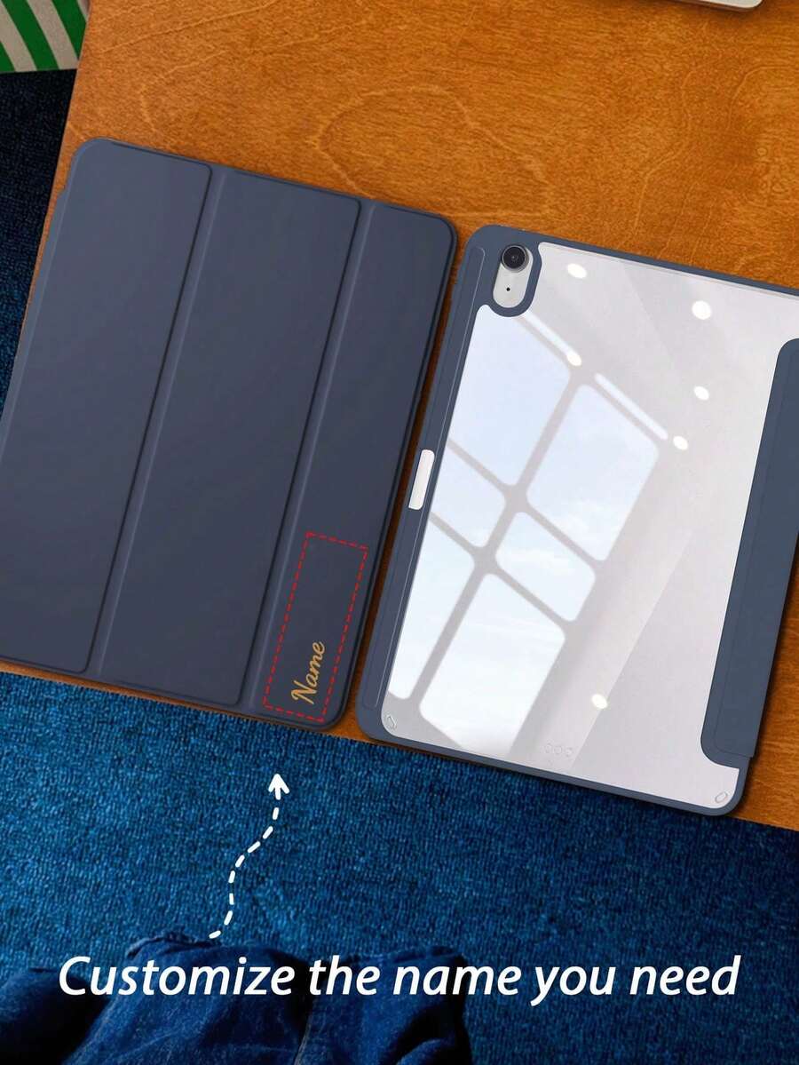 1件透明壓克力三折客製文字平板保護殼 深藍色,可客製文字,相容 iPad 10th/11th/10.2/10.5/Air4/Air5/10.9/Pro11/Air 11-In.(M2)-2024/Pro 11-In.(M4)-2024/Air 11-Inch (M3) 機型,內建筆槽,高透明壓克力背殼,矽膠邊框防彎曲防刮防摔,三折可調視角支架,磁吸/自動睡眠喚醒,簡約休閒風,平板翻蓋保護殼,產品不含筆,部分機型附相機框 - 深藍 - 查看 1