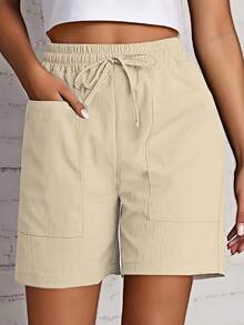 New 2026 Model: [Drawstring Shorts] 2-Piece Women's Casual Shorts Set With Drawstring And Pockets In Solid Color - Blue+Orange - View 10