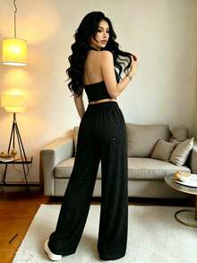 Two-Piece Set With Sequined Halter Neck Backless Top And Loose Wide-Leg Pants, Sexy Diva Style - Black - View 6
