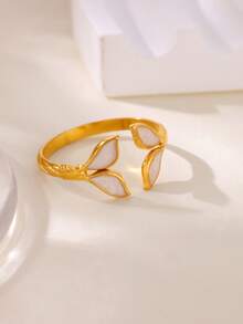 1pc Summer Fresh Fishtail Enamel Ring, 18K Gold Plated Stainless Steel Open Band Ring, Gentle Niche Jewelry, Beach Vacation Date Gift - Yellow Gold - View 5