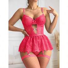 Lilosy Sexy Stocking Rhinestones Heart Garter Underwire Floral Mesh Lace Sheer Babydoll Lingerie Teddy Bodysuit Skirt Set - 玫紅色 - 查看 6