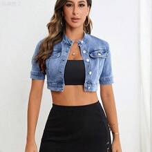 xuehuamaoyi02   Blusa corta de mezclilla de manga corta con botones delanteros lisos - Azul lavado oscuro - Ver 2