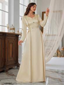 Elegant Women's V-Neck Long Sleeve Arabic Style Maxi A-Line Dress With Side Tie Wedding Party - Light Yellow - View 5
