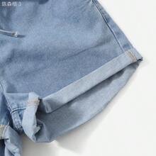 yonghongmaoyi1 Shorts en mezclilla de cintura con volante bajo de doblez - Azul lavado medio - Ver 5