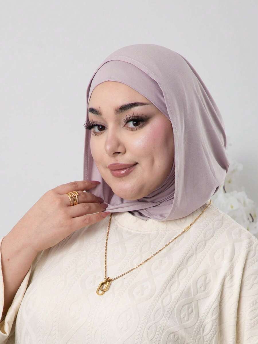 1件女款素色拉法帽一體式頭巾圍脖彈性帽希賈布帽頭巾透氣舒適彈性寬邊吸汗防滑多功能運動頭巾帽內襯，極簡時尚圍巾，連帽與配套頭巾，2合1，易於造型。戴上它立即時尚出門