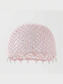 1pc Women's Cute Casual Style Fashion Hollow Breathable Handmade Woven Rhombus Pearl Decor Knitted Bucket Hat For Travel, Beach, Vacation, Photos, Daily Wear - Pearl - View 8