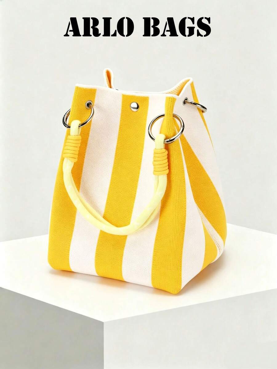 Vibrant Two-Tone Striped Knit Tote Bag With Thick Piped Handles And Round Metal Snap Closure, Lightweight Breathable Woven Texture, Energetic Everyday Style, Perfect For Cafe Breaks, City Walks And Spring/Summer Casual Outfits - Yellow - View 1