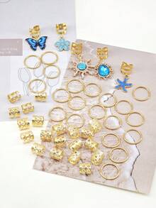 45pcs Ocean Style Hair Rings With Golden Starfish, Conch, Shells & White Pearls - Assorted Shape Summer Adjustable Coastal Boho Jewelry For Braids,Clips For Hair - Gold - View 4