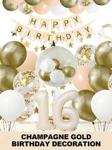 16th Birthday Champagne Gold Birthday Decorations For Women Girls, Beige White Balloons Happy Birthday Balloons Banner Star Garland Birthday Sash Fringe Curtains For Birthday Party Decoration Room Decor Wedding - 16歲生日 - 查看 1